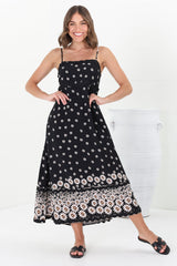 Marlin Midi Dress - Rick Rack Splicing Sun Dress with Adjustable Straps in Valia Print Black