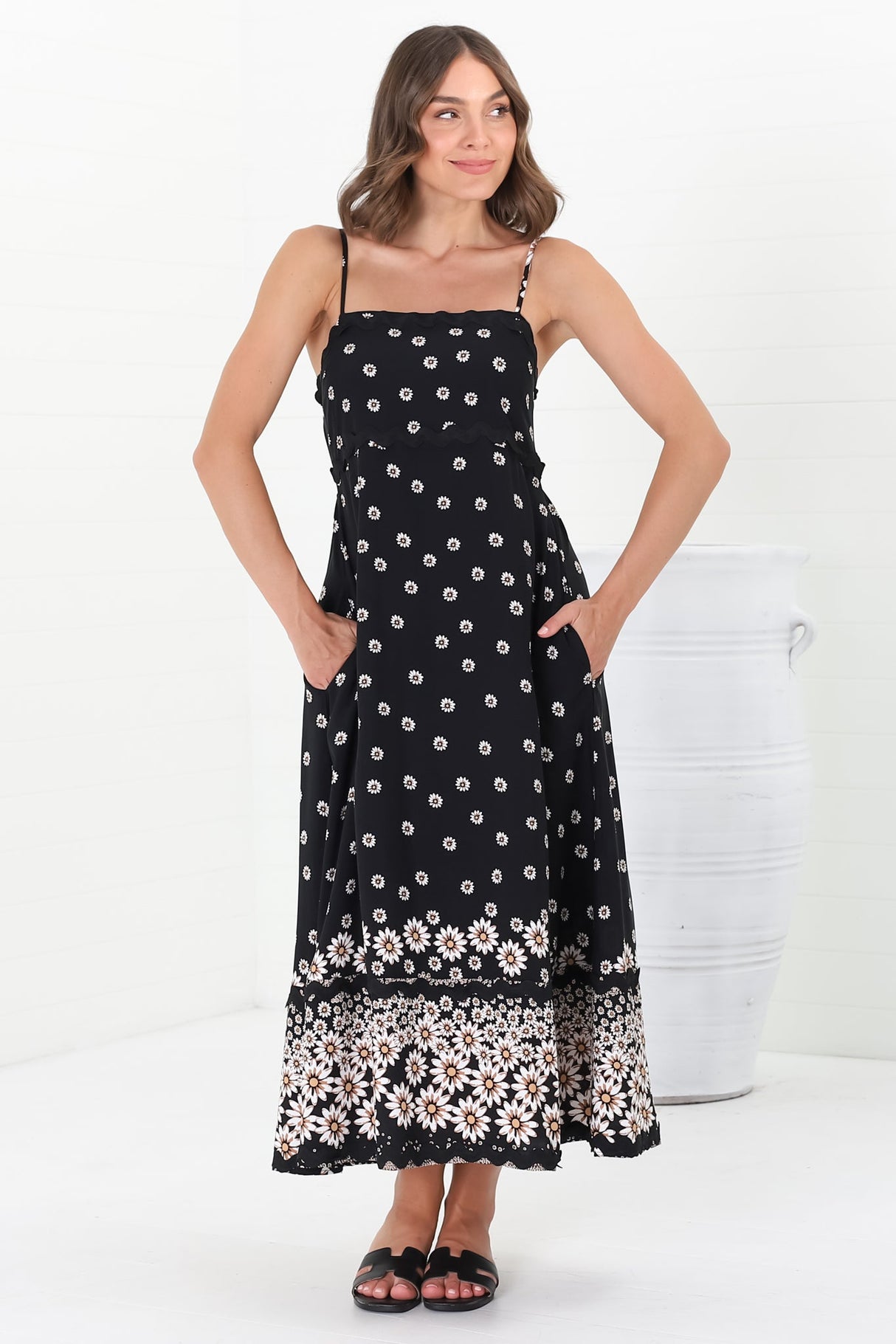 Marlin Midi Dress - Rick Rack Splicing Sun Dress with Adjustable Straps in Valia Print Black