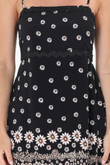 Marlin Mini Dress - Rick Rack Splicing Sun Dress with Adjustable Straps in Valia Print Black