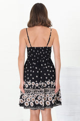 Marlin Mini Dress - Rick Rack Splicing Sun Dress with Adjustable Straps in Valia Print Black