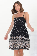 Marlin Mini Dress - Rick Rack Splicing Sun Dress with Adjustable Straps in Valia Print Black