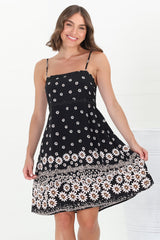 Marlin Mini Dress - Rick Rack Splicing Sun Dress with Adjustable Straps in Valia Print Black