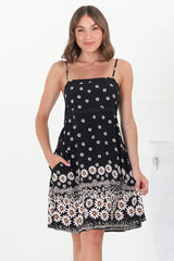 Marlin Mini Dress - Rick Rack Splicing Sun Dress with Adjustable Straps in Valia Print Black