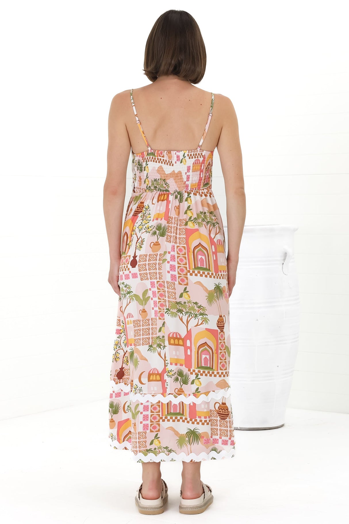 Marlin Midi Dress - Rick Rack Splicing Sun Dress with Adjustable Straps in Baroa Print