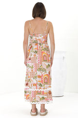 Marlin Midi Dress - Rick Rack Splicing Sun Dress with Adjustable Straps in Baroa Print