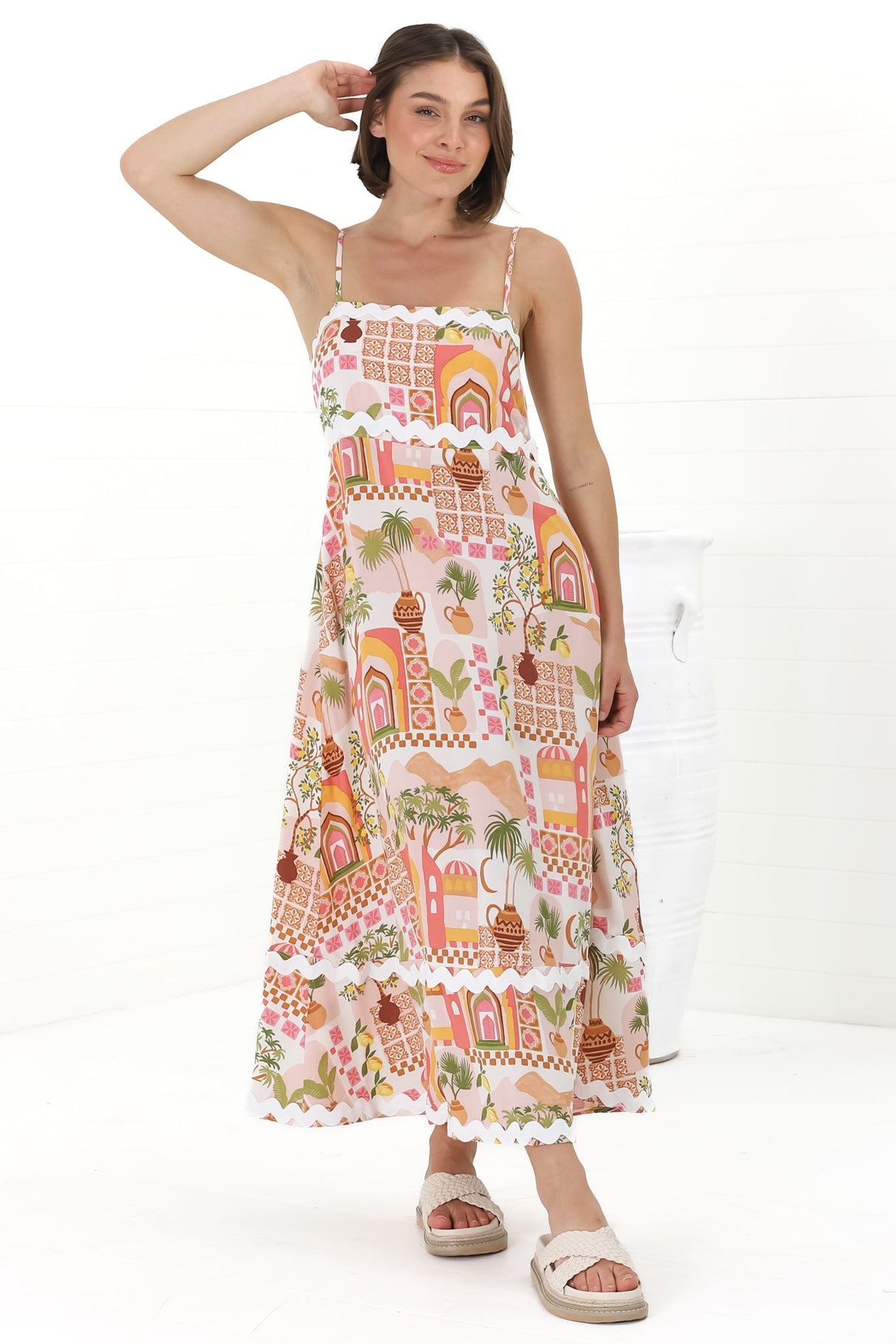 Marlin Midi Dress - Rick Rack Splicing Sun Dress with Adjustable Straps in Baroa Print