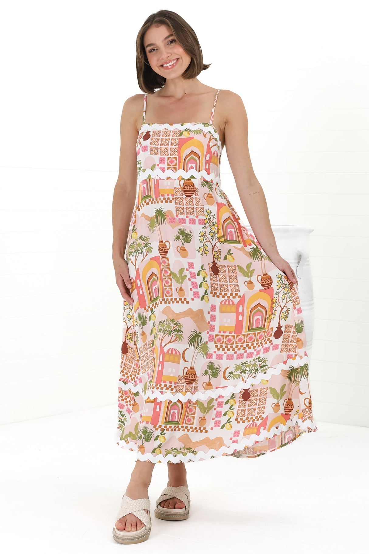 Marlin Midi Dress - Rick Rack Splicing Sun Dress with Adjustable Straps in Baroa Print