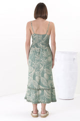 Marlin Midi Dress - Rick Rack Splicing Sun Dress with Adjustable Straps in Havanna Print Green