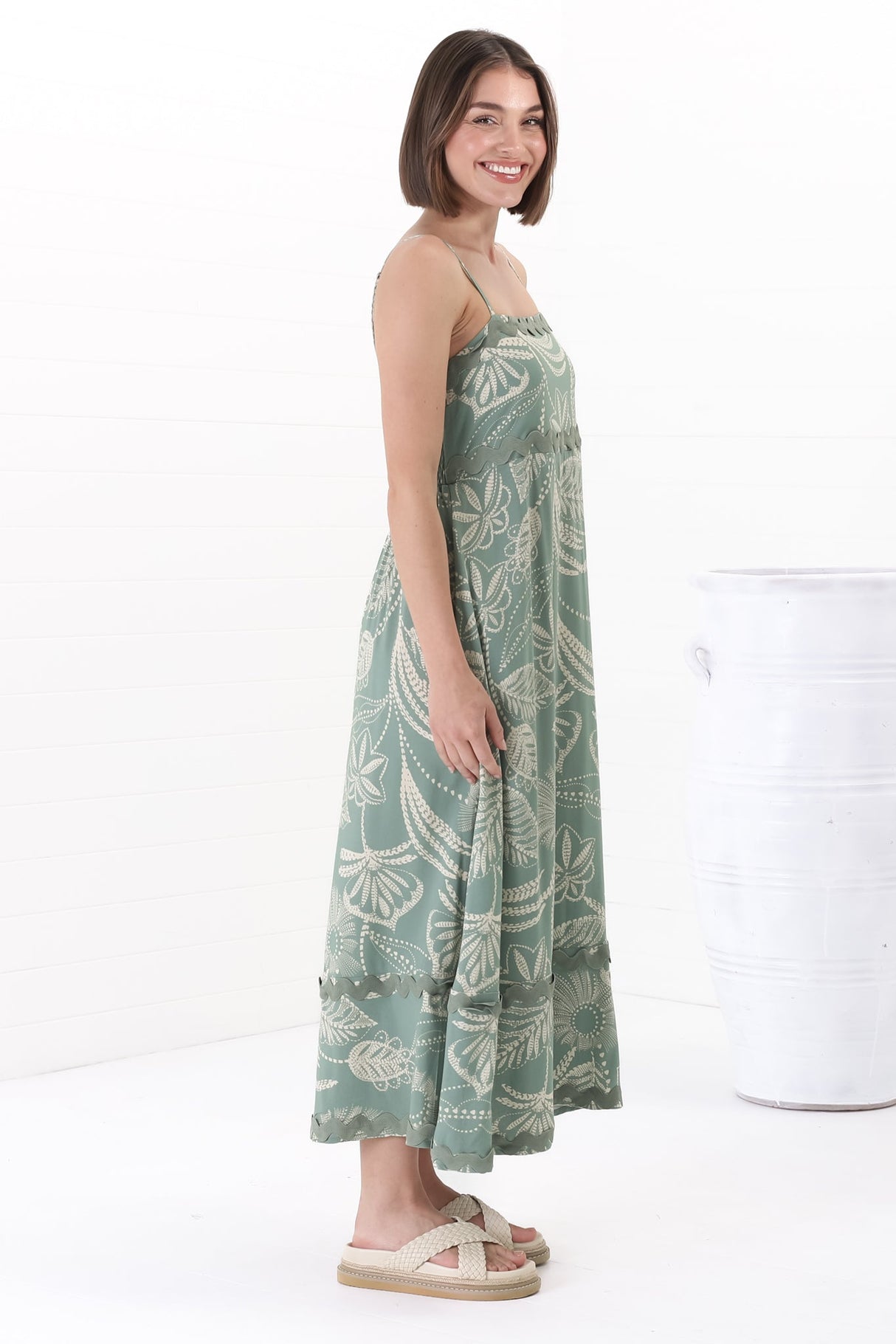 Marlin Midi Dress - Rick Rack Splicing Sun Dress with Adjustable Straps in Havanna Print Green