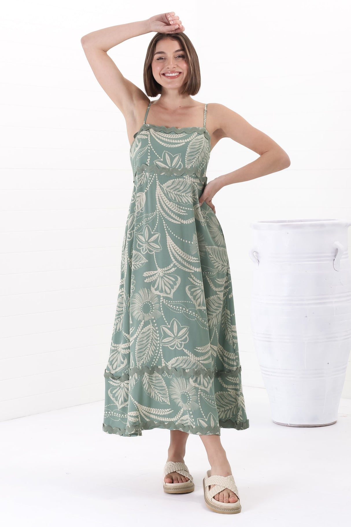 Marlin Midi Dress - Rick Rack Splicing Sun Dress with Adjustable Straps in Havanna Print Green