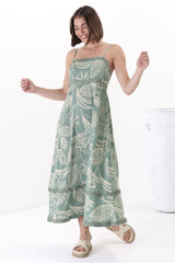 Marlin Midi Dress - Rick Rack Splicing Sun Dress with Adjustable Straps in Havanna Print Green