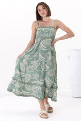 Marlin Midi Dress - Rick Rack Splicing Sun Dress with Adjustable Straps in Havanna Print Green