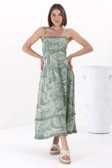 Marlin Midi Dress - Rick Rack Splicing Sun Dress with Adjustable Straps in Havanna Print Green