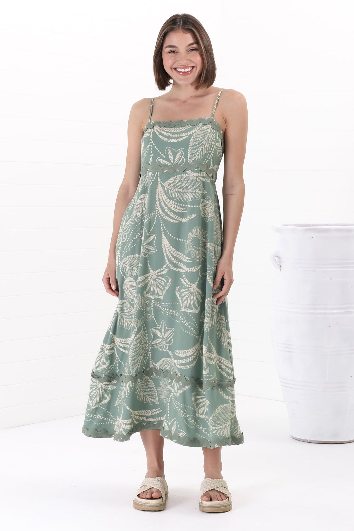 Marlin Midi Dress - Rick Rack Splicing Sun Dress with Adjustable Straps in Havanna Print Green