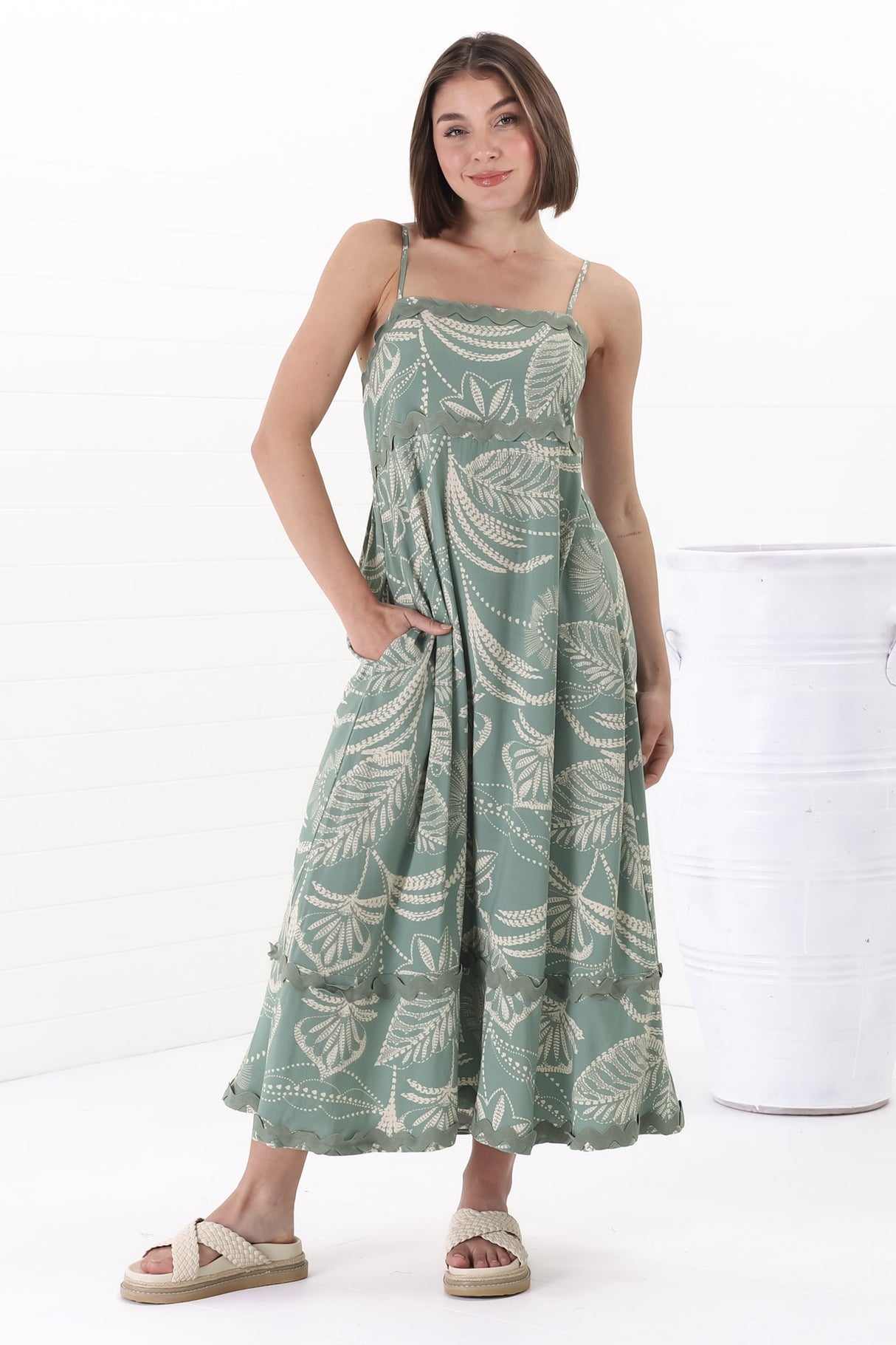 Marlin Midi Dress - Rick Rack Splicing Sun Dress with Adjustable Straps in Havanna Print Green