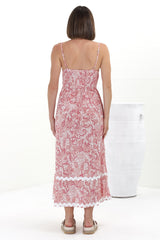 Marlin Midi Dress - Rick Rack Splicing Sun Dress with Adjustable Straps in Henrietta Print Pink