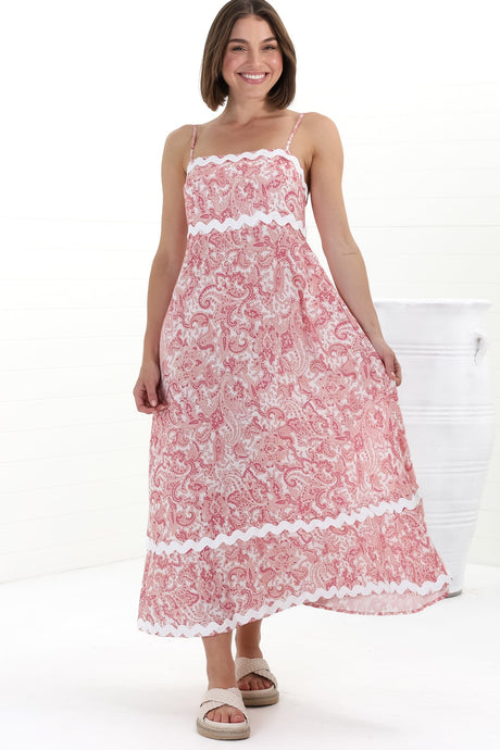 Marlin Midi Dress - Rick Rack Splicing Sun Dress with Adjustable Straps in Henrietta Print Pink