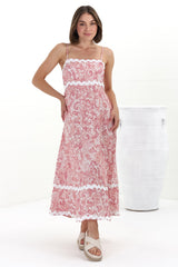 Marlin Midi Dress - Rick Rack Splicing Sun Dress with Adjustable Straps in Henrietta Print Pink