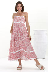 Marlin Midi Dress - Rick Rack Splicing Sun Dress with Adjustable Straps in Henrietta Print Pink