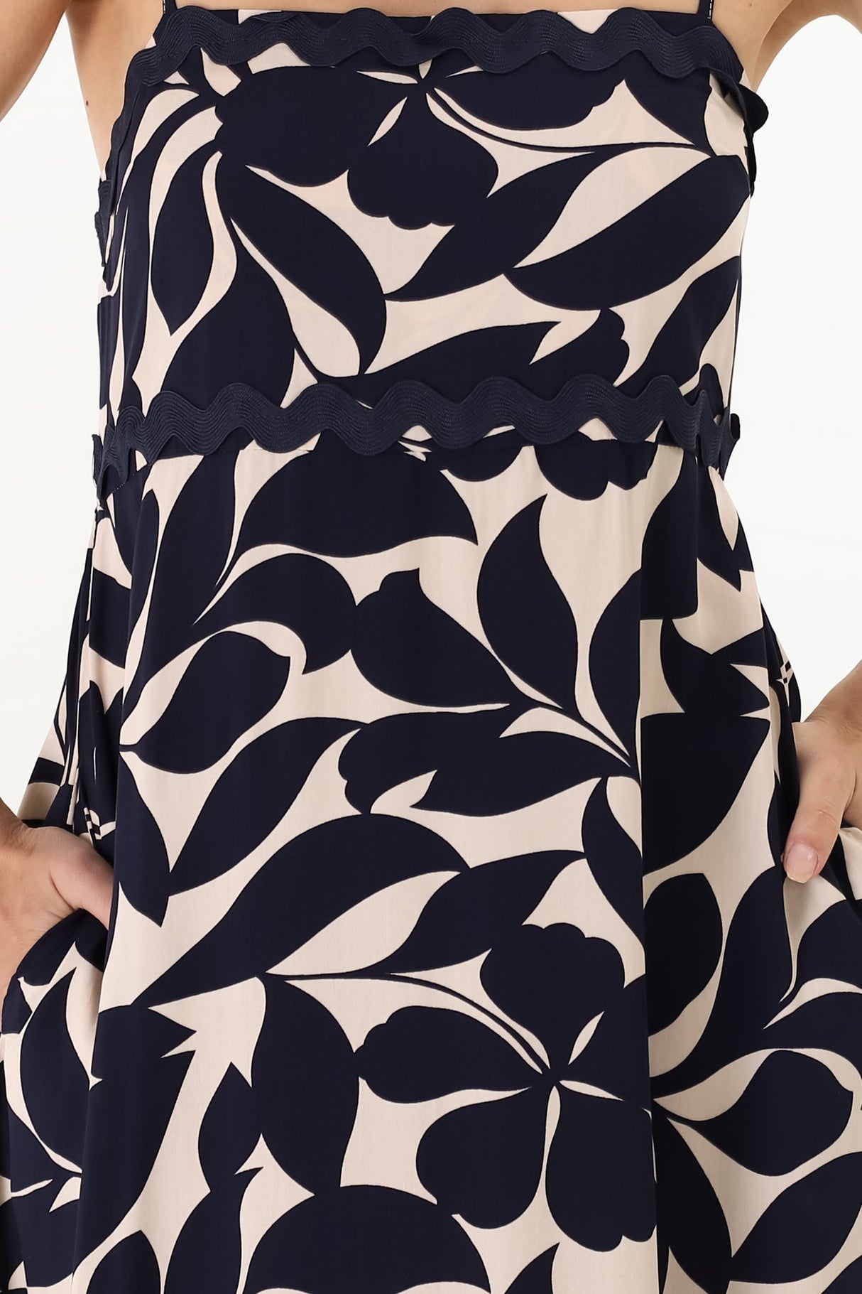 Marlin Midi Dress - Rick Rack Splicing Sun Dress with Adjustable Straps in Kiera Print Navy