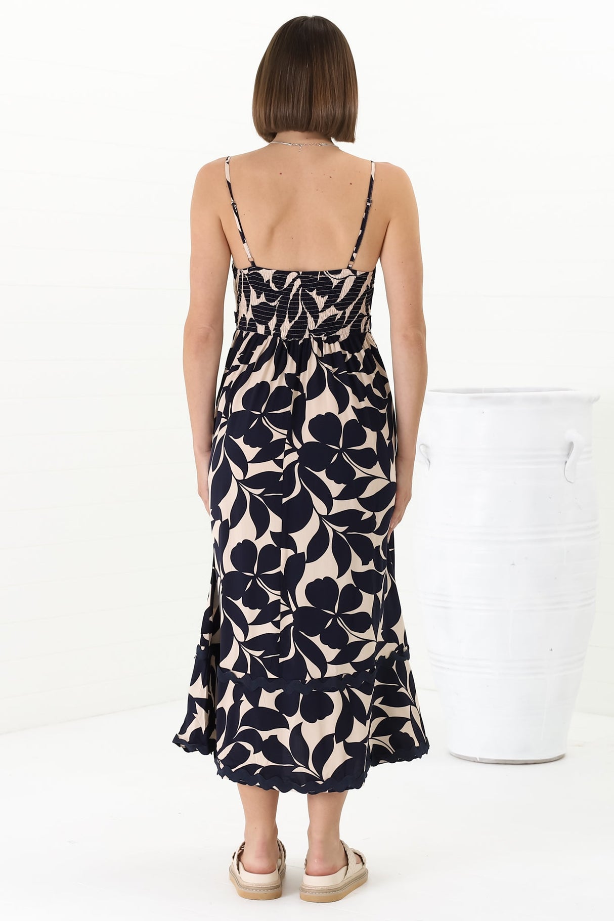 Marlin Midi Dress - Rick Rack Splicing Sun Dress with Adjustable Straps in Kiera Print Navy