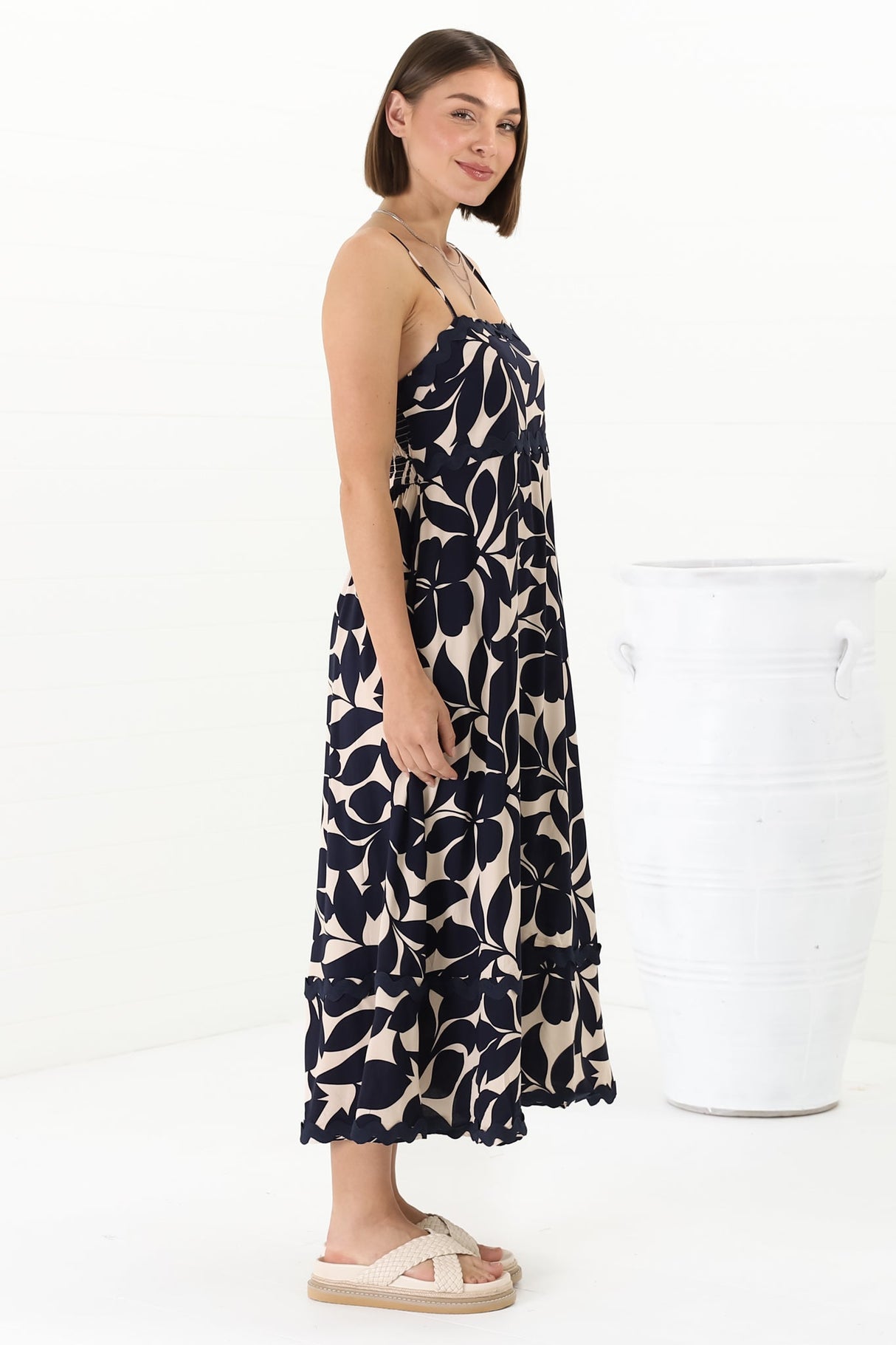 Marlin Midi Dress - Rick Rack Splicing Sun Dress with Adjustable Straps in Kiera Print Navy