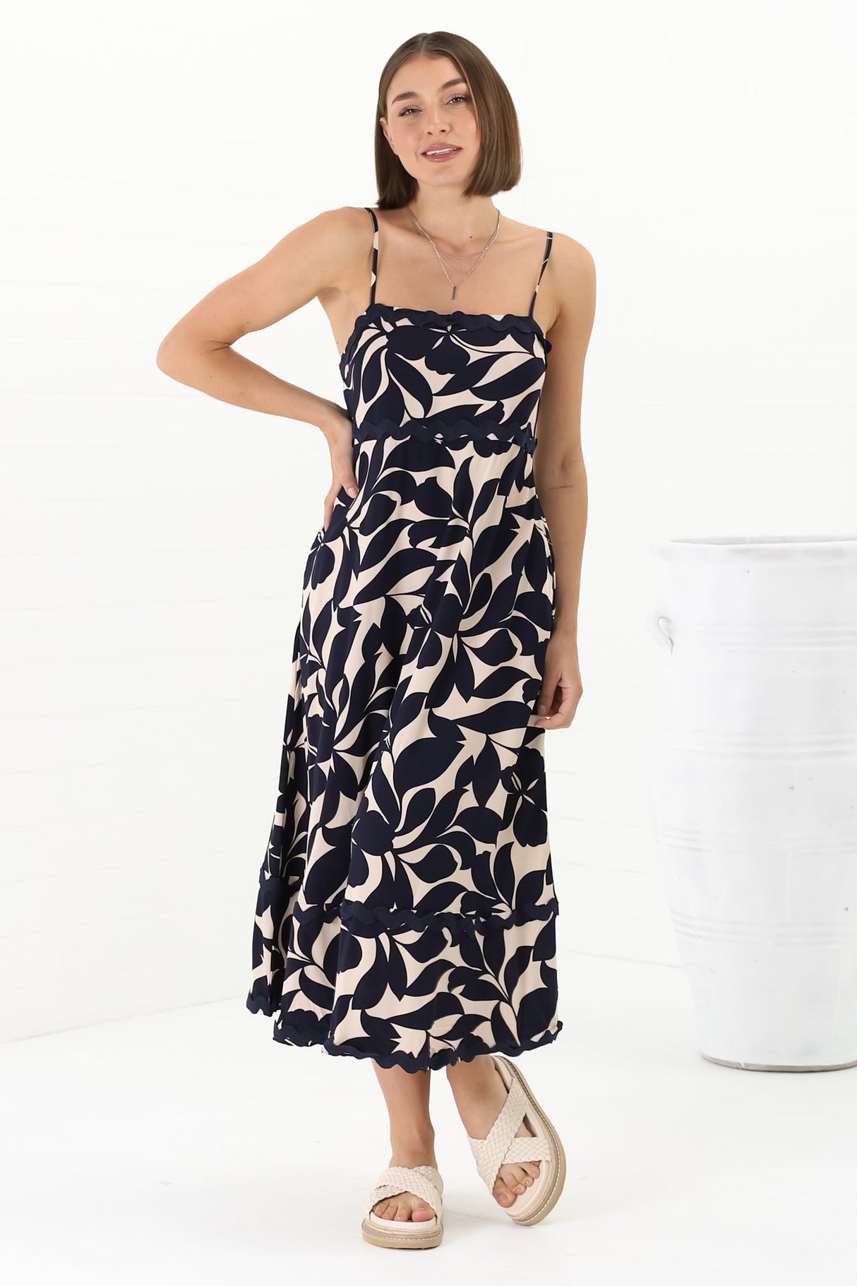 Marlin Midi Dress - Rick Rack Splicing Sun Dress with Adjustable Straps in Kiera Print Navy