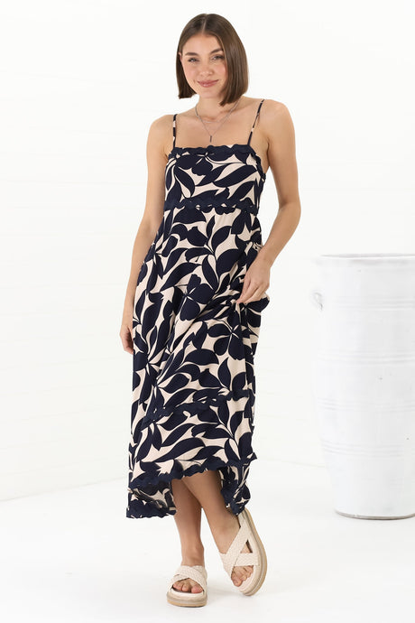 Marlin Midi Dress - Rick Rack Splicing Sun Dress with Adjustable Straps in Kiera Print Navy