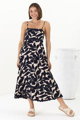 Marlin Midi Dress - Rick Rack Splicing Sun Dress with Adjustable Straps in Kiera Print Navy