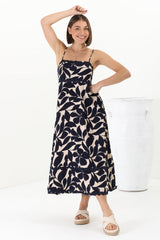 Marlin Midi Dress - Rick Rack Splicing Sun Dress with Adjustable Straps in Kiera Print Navy