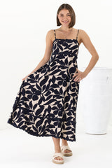 Marlin Midi Dress - Rick Rack Splicing Sun Dress with Adjustable Straps in Kiera Print Navy