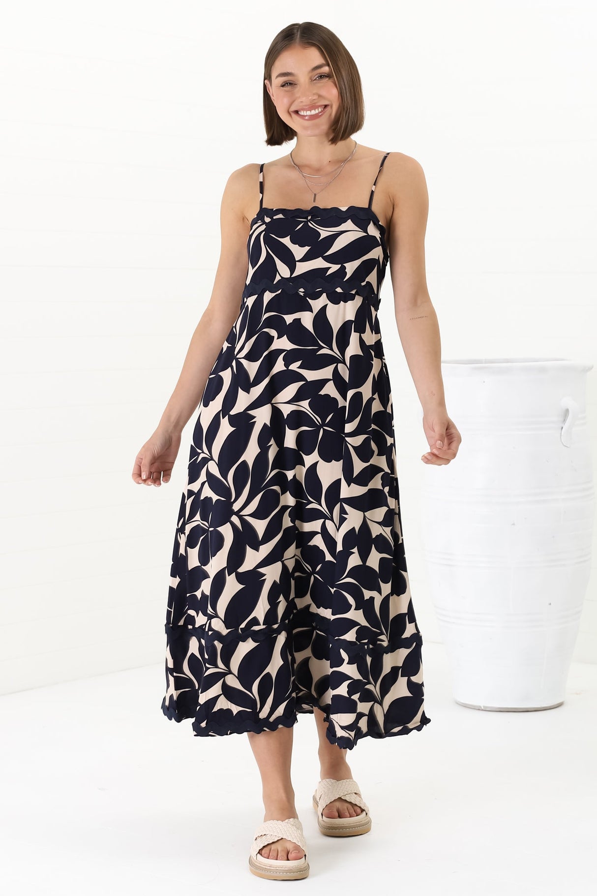 Marlin Midi Dress - Rick Rack Splicing Sun Dress with Adjustable Straps in Kiera Print Navy