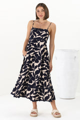 Marlin Midi Dress - Rick Rack Splicing Sun Dress with Adjustable Straps in Kiera Print Navy