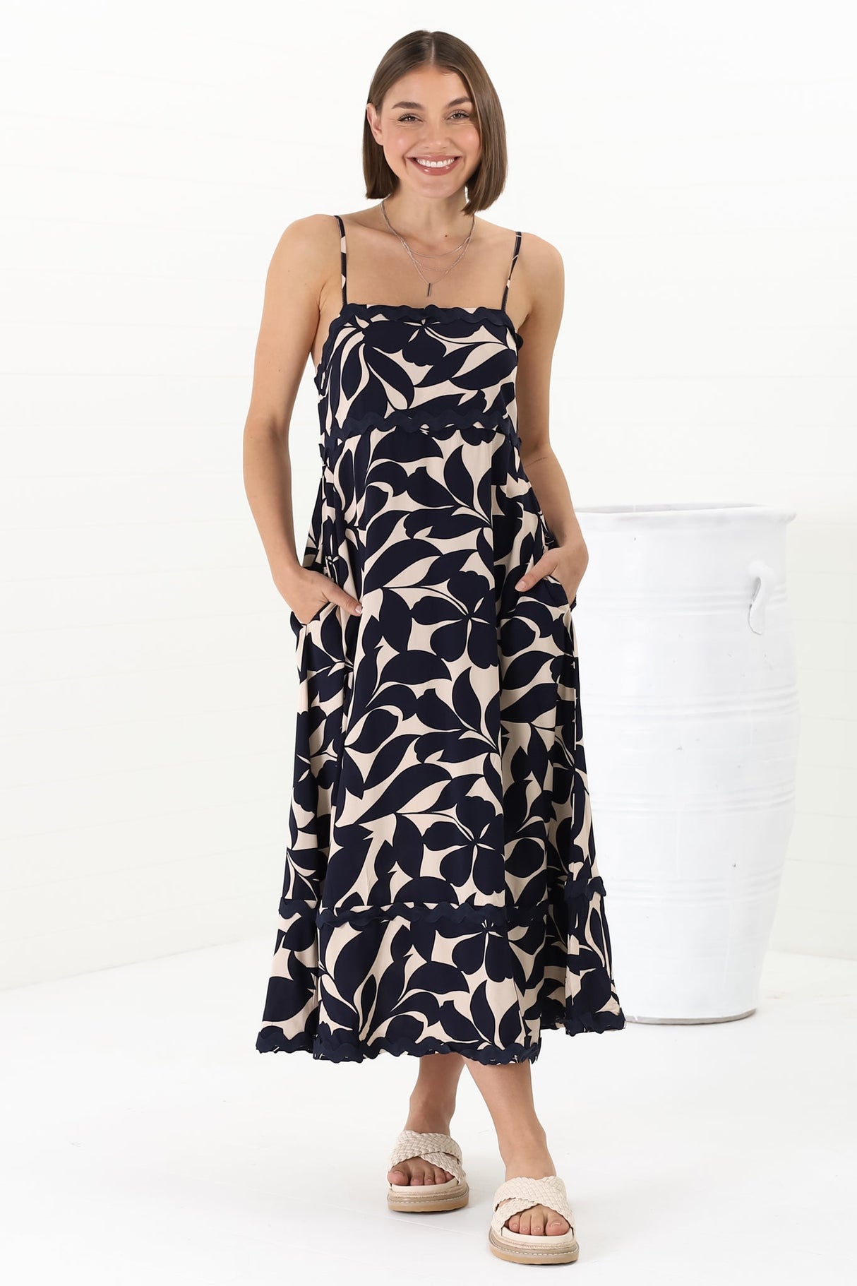 Marlin Midi Dress - Rick Rack Splicing Sun Dress with Adjustable Straps in Kiera Print Navy