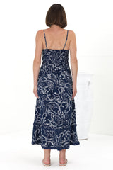 Marlin Midi Dress - Rick Rack Splicing Sun Dress with Adjustable Straps in Sanaz Print Navy