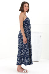 Marlin Midi Dress - Rick Rack Splicing Sun Dress with Adjustable Straps in Sanaz Print Navy