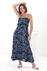 Marlin Midi Dress - Rick Rack Splicing Sun Dress with Adjustable Straps in Sanaz Print Navy