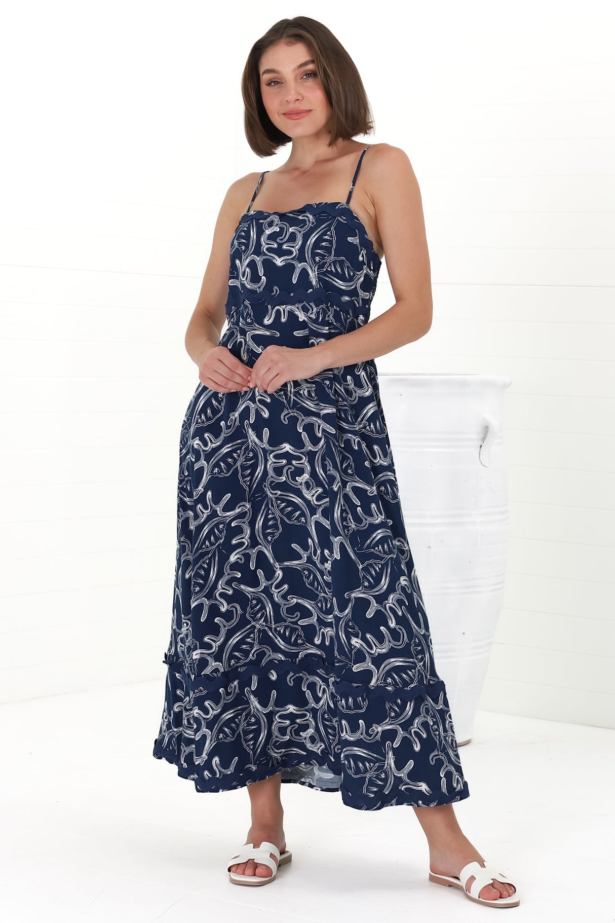 Marlin Midi Dress - Rick Rack Splicing Sun Dress with Adjustable Straps in Sanaz Print Navy