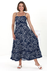 Marlin Midi Dress - Rick Rack Splicing Sun Dress with Adjustable Straps in Sanaz Print Navy