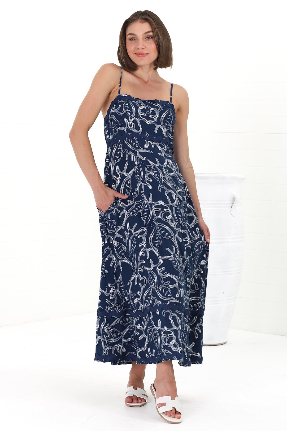 Marlin Midi Dress - Rick Rack Splicing Sun Dress with Adjustable Straps in Sanaz Print Navy