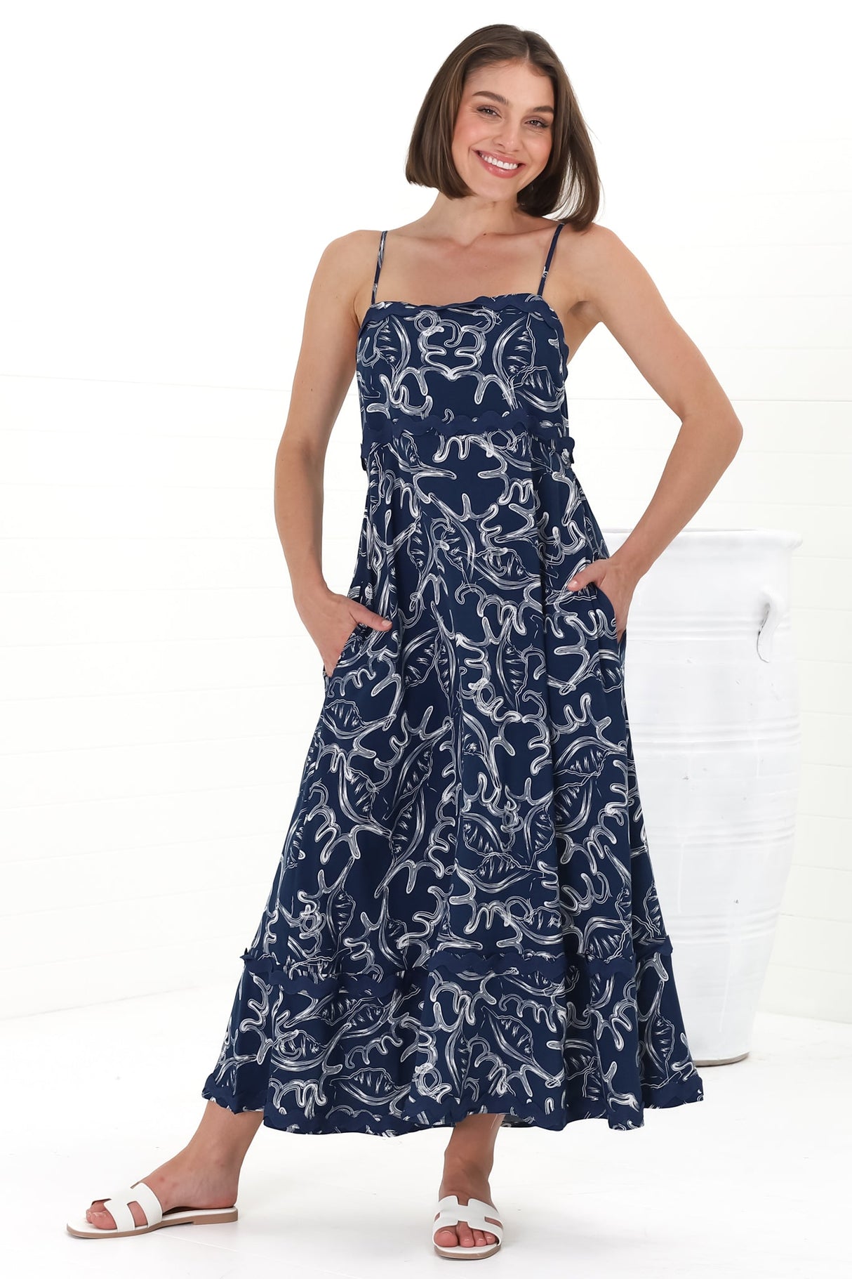 Marlin Midi Dress - Rick Rack Splicing Sun Dress with Adjustable Straps in Sanaz Print Navy