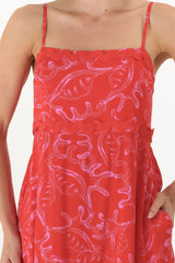 Marlin Midi Dress - Rick Rack Splicing Sun Dress with Adjustable Straps in Sanaz Print Red