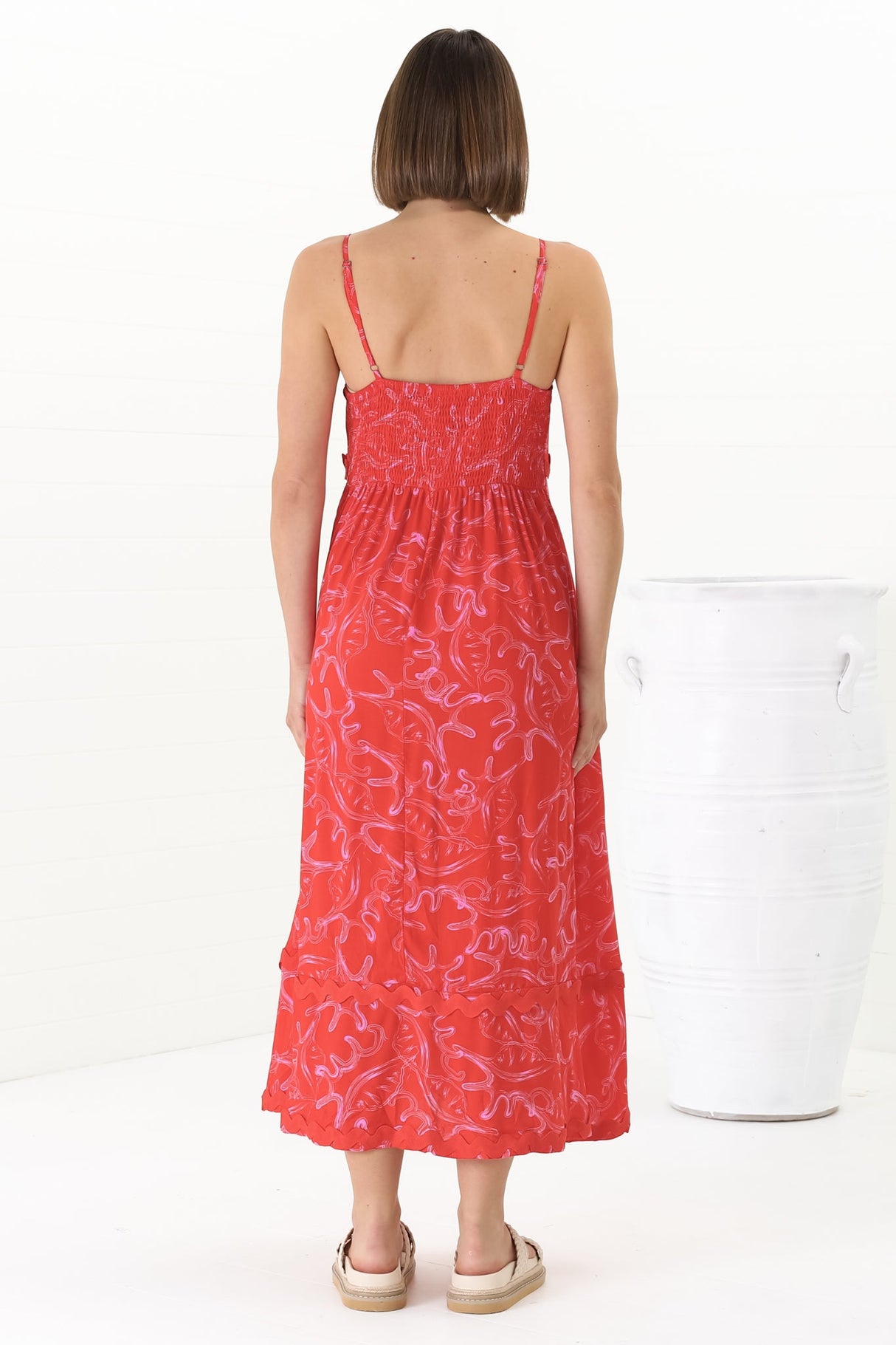 Marlin Midi Dress - Rick Rack Splicing Sun Dress with Adjustable Straps in Sanaz Print Red