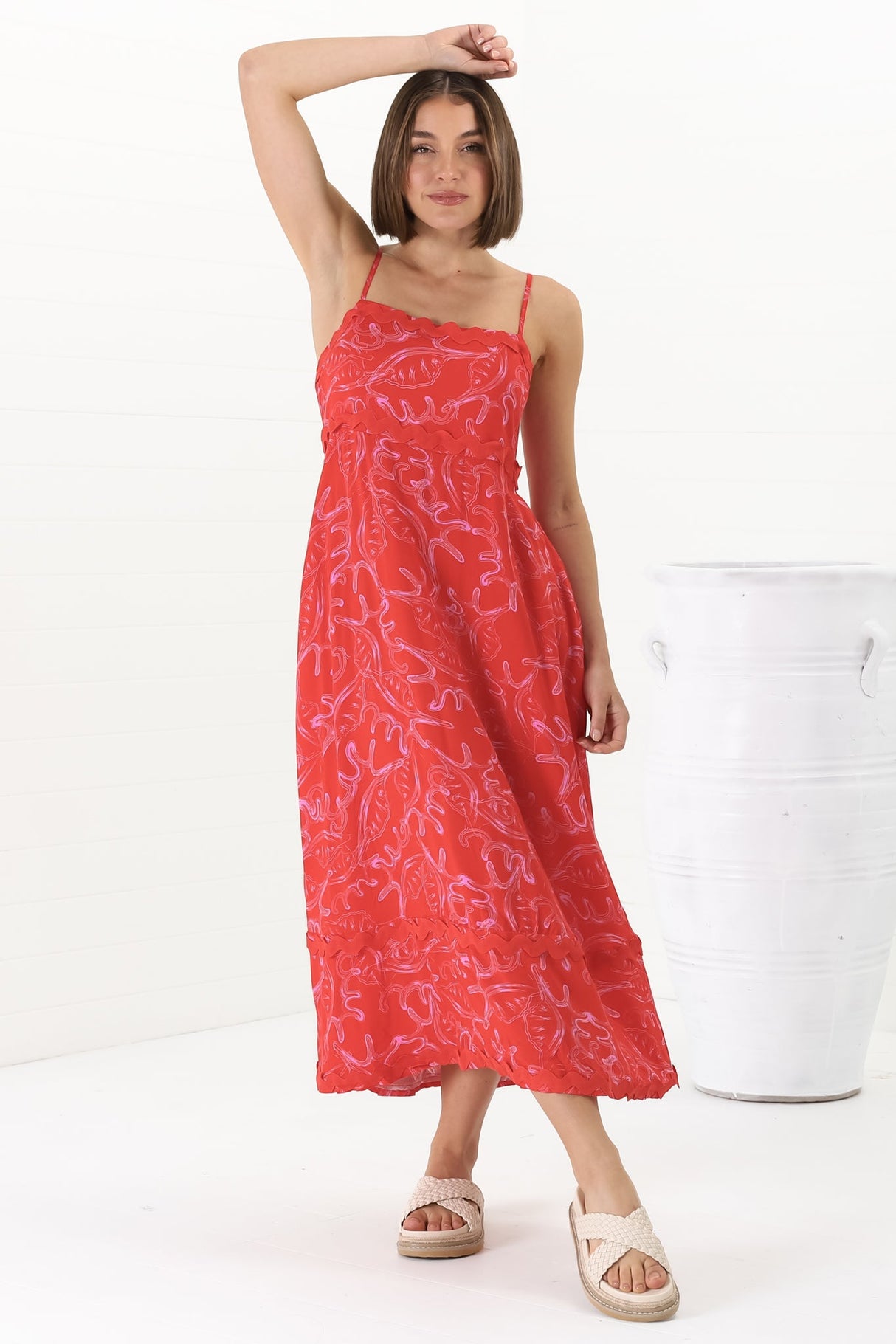 Marlin Midi Dress - Rick Rack Splicing Sun Dress with Adjustable Straps in Sanaz Print Red