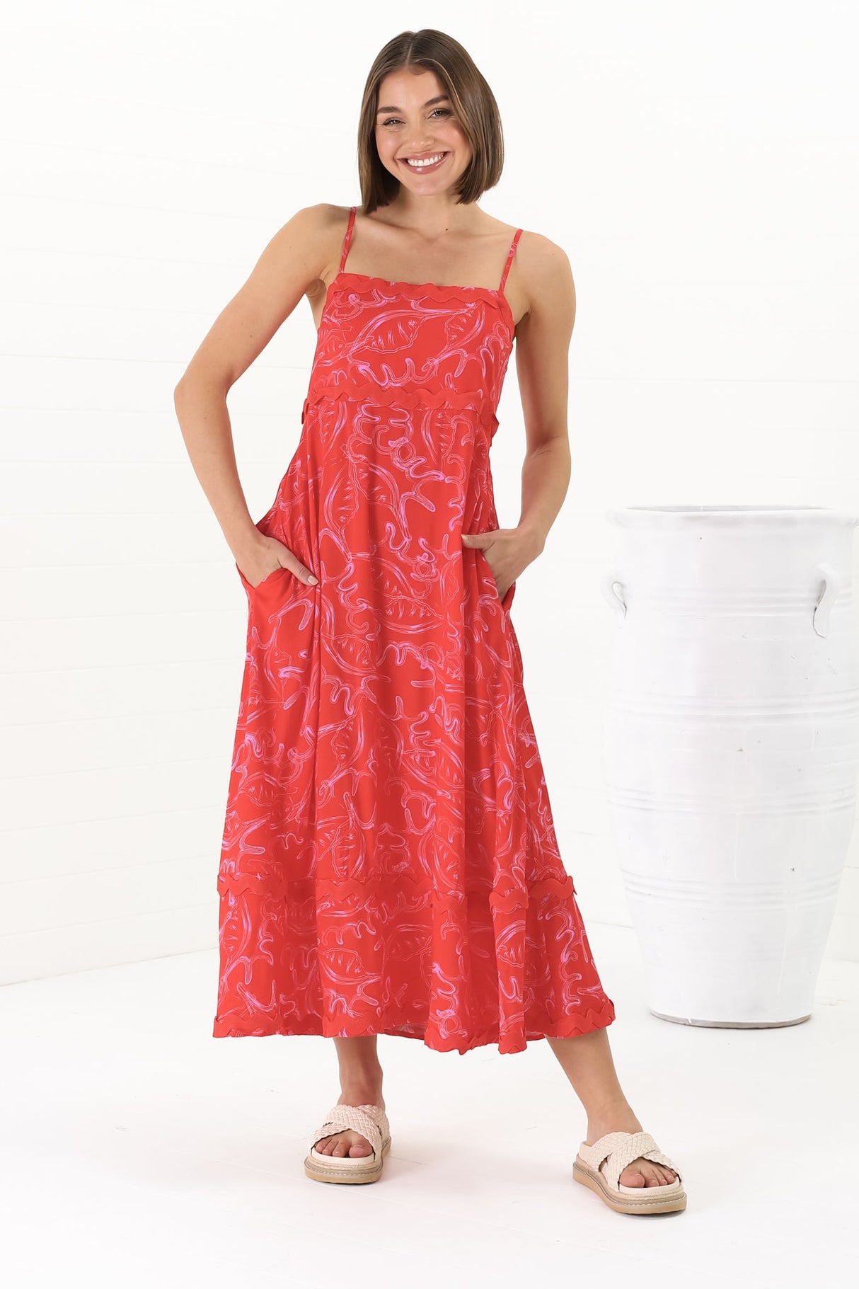 Marlin Midi Dress - Rick Rack Splicing Sun Dress with Adjustable Straps in Sanaz Print Red