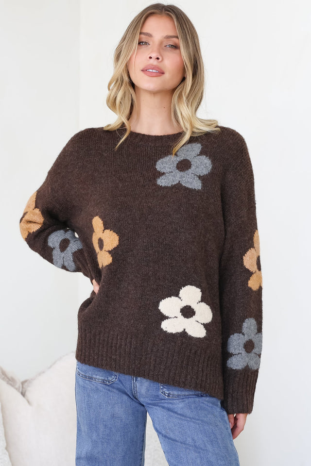 Model wearing Marlo Jumper in Chocolate from Salty Crush