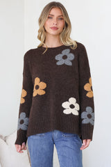 Marlo Jumper - Crew Neck Floral Knit with Ribbed Hemlines in Chocolate