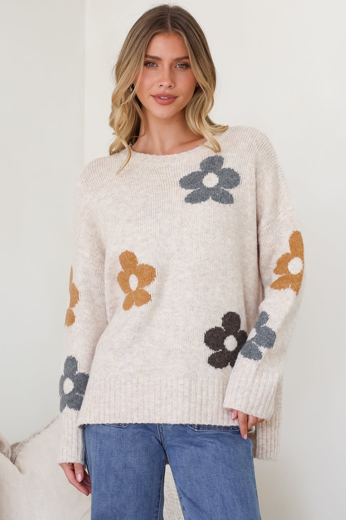 Model wearing Marlo Jumper in Oatmeal from Salty Crush