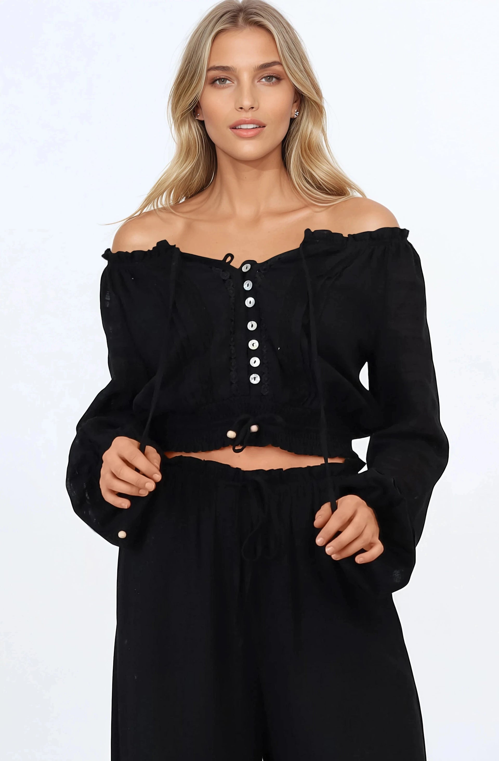 Marlon Top On or Off Shoulder Pin Tuck Detail Long Balloon Sleeve Crop