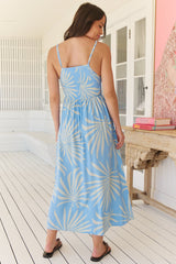 Marlowe Midi Dress - Shirred Bodice Spaghetti Strap Dress in Floating Palms Print